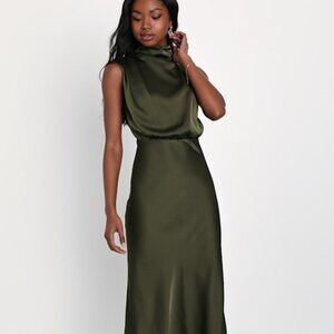 Lulus Distinctive Charm Olive Green Satin Asymmetrical Midi Dress - Size S